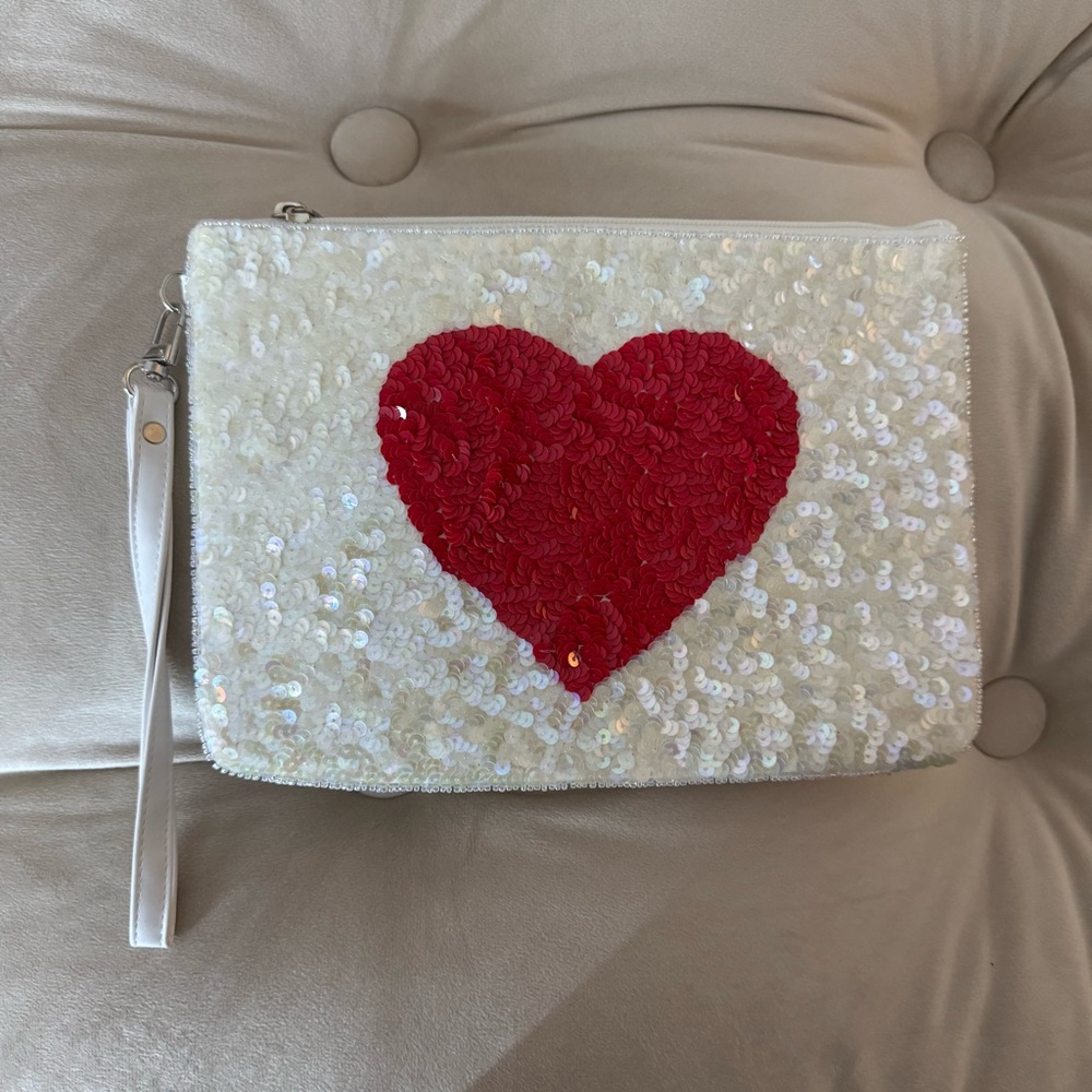 White Sequin Heart Wristlet Clutch with Red Accent